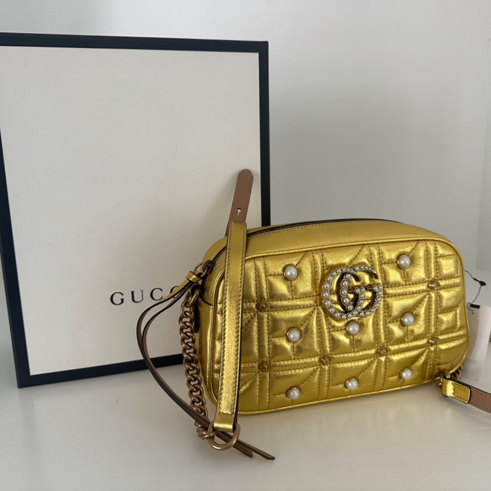New Gucci Gold Marmont Small Leather/Pearl Camera Bag